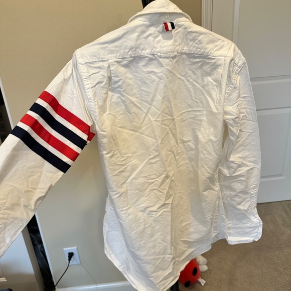 Thom Browne White Oxford Button-Down Shirt with Red Navy Stripe Sleeve Size 1 - Picture 2 of 5